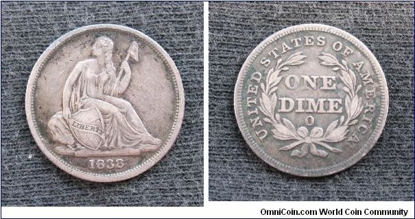 Seated Liberty dime, AR, no stars on obverse, New Orleans mint