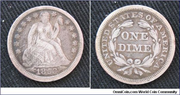 Seated Liberty dime, AR, variety with arrows, Philadelphia mint.  Arrowheads signify the reduction of weight enacted on dimes that year to bring the face value in line with market silver values.