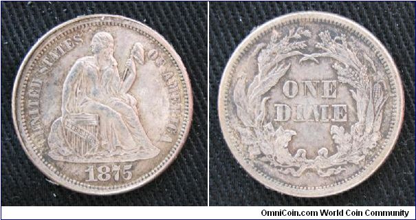 Seated Liberty dime, AR, obverse with legend and cereal wreath reverse, mint mark below wreath variety, San Francisco mint.