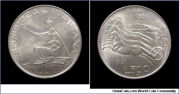 Italian Republic - 500 Lire 1861-1961 - Silver