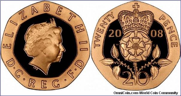 Gold proof twenty pence coin from the 2008 'Emblems of Britain' set. In a few months time, the Royal Mint will introduce reverse designs for all the 7 denominations in the set.