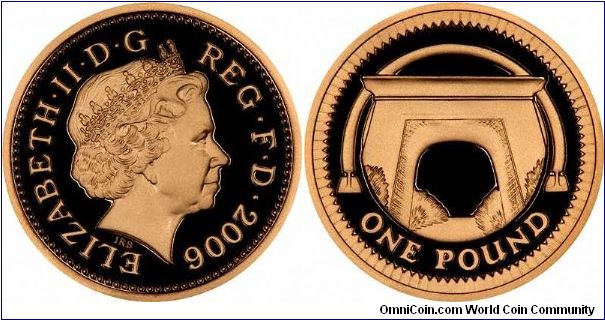 The Egyptian Arch Bridge on the Belfast to Dublin railway line is depicted on the reverse of the 2006 gold proof one pound  coin, part of a 4-coin series from 2004 to 2007 inclusive.