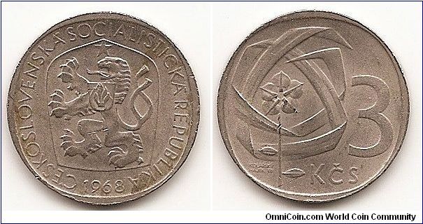 3 Koruny - Socialist Republic of Czechoslovakia - 
KM#57
5.5800 g., Copper-Nickel, 23.5 mm. Obv: Czech lion with
socialist shield within shield, date below Rev: Branch of five linden
leaves within banner, large value at right Edge: Plain with lime
leaves and waves