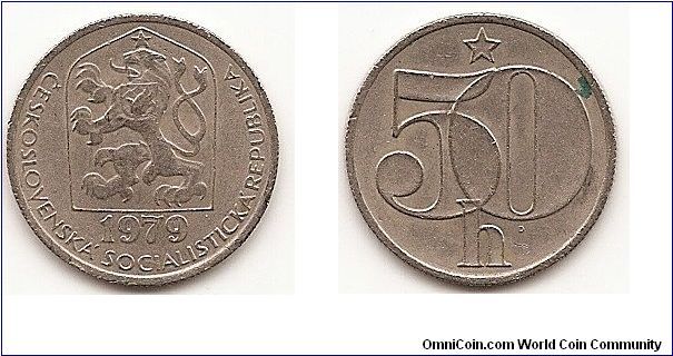 50 Haleru - Socialist Republic of Czechoslovakia -
KM#89
Copper-Nickel, 20.8 mm. Obv: Czech lion with socialist shield
within shield, thick date below Rev: Thick denomination, star
above Edge: Milled Note: Date varieties exist.