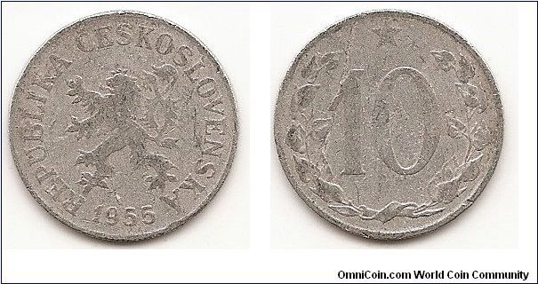 10 Haleru - Peoples Republic of Czechoslovakia -
KM#38
Aluminum, 22 mm. Obv: Czech lion with Slovak shield, date
below Rev: Large denomination within linden wreath, star above