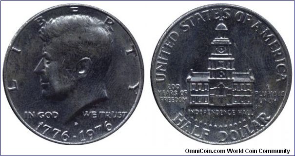 USA, 1/2 dollar, 1976, Cu-Ni, 1776-1976, J. F. Kennedy, Independence Hall.                                                                                                                                                                                                                                                                                                                                                                                                                                          