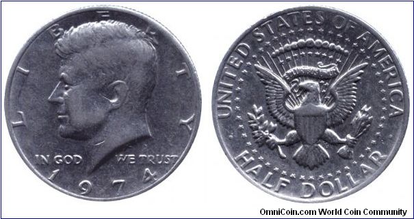 USA, 1/2 dollar, 1974, Cu-Ni, J. F. Kennedy.                                                                                                                                                                                                                                                                                                                                                                                                                                                                        
