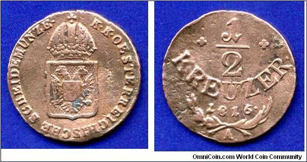 1/2 kreuzer.
Franc I (1806-1835).
Austrian empire.
(A) Vienna mint.


Cu.