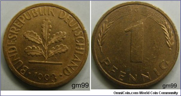 1 Pfennig (Copper Plated Steel) : 1950-2001
Obverse: Plant with 5 leaves,
BUNDESREPUBLIK DEUTSCHLAND date
Reverse: Stalks either side of value,
1 PFENNIG