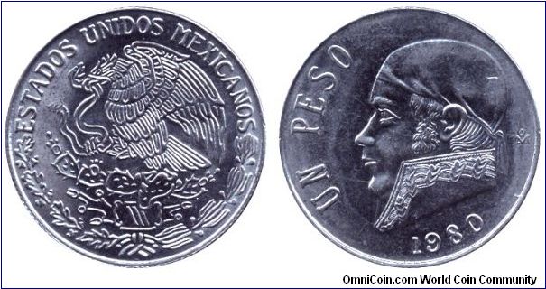 Mexico, 1 peso, 1980, Cu-Ni, Jose Morelos y Pavon.                                                                                                                                                                                                                                                                                                                                                                                                                                                                  