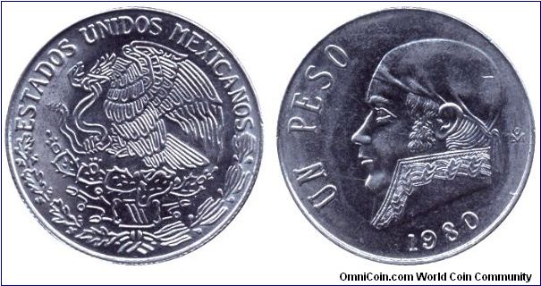 Mexico, 1 peso, 1980, Cu-Ni, Jose Morelos y Pavon.                                                                                                                                                                                                                                                                                                                                                                                                                                                                  