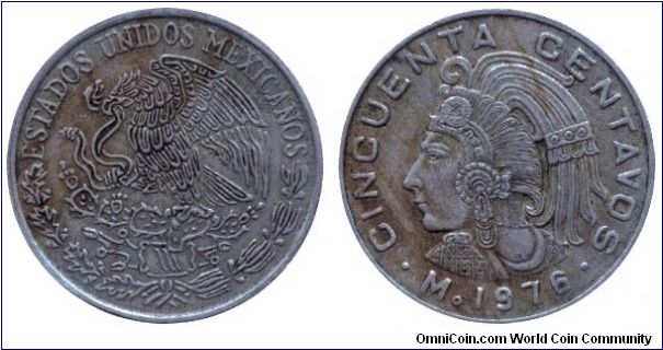 Mexico, 50 centavos, 1976, Cu-Ni, Cuauhtemoc.                                                                                                                                                                                                                                                                                                                                                                                                                                                                       