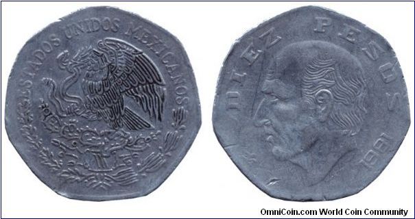 Mexico, 10 pesos, 1981, Cu-Ni, Miguel Hidalgo.                                                                                                                                                                                                                                                                                                                                                                                                                                                                      
