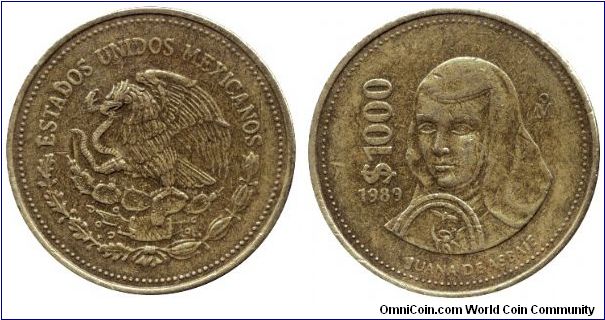 Mexico, 1000 pesos, 1989, Al-Bronze, Juana de Asbaje.                                                                                                                                                                                                                                                                                                                                                                                                                                                               