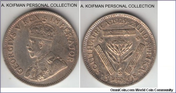 KM-15.1, 1929 South Africa (Dominion) 3 pence; silver, plain edge; George V, good very fine to extra fine, these are scarce coin in good grades despite being minted in abundance.
