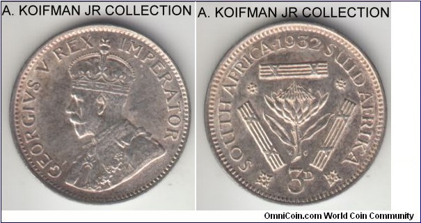 KM-15.2, 1932 South Africa (Dominion) 3 pence; silver, plain edge; George V, common year, but nice uncirculated.