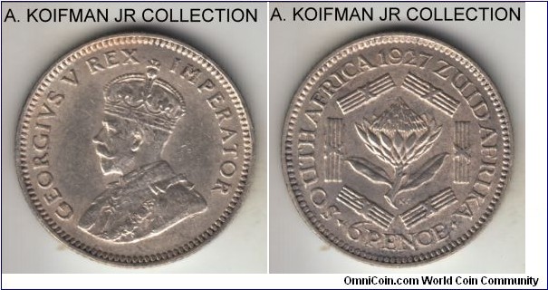 KM-16.1, 1926 South Africa (Dominion) 6 pence; silver, reeded edge; George V, nice detail, about extra fine, may have been cleaned.