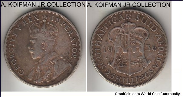 KM-22, South Africa 1936 2 shillings (florin); silver, reeded edge; George V last type, toned good fine.