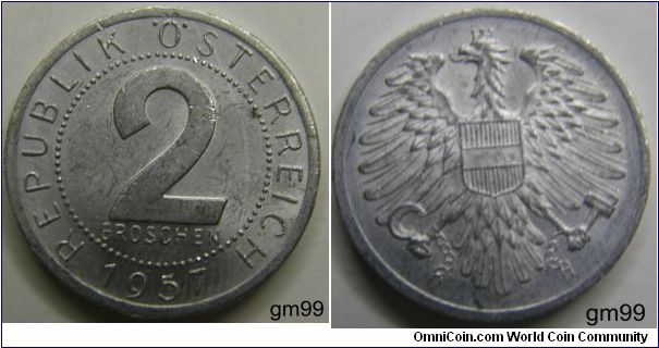 2 Groschen (Aluminum) : 1950-1994
Obverse: Value within beaded border,
REPUBLIK OSTERREICH date 2 GROSCHEN
Reverse: Crowned eagle with wings spread facing, head left
R No legend