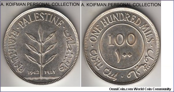 KM-7, 1942 Palestine 100 mils; silver, reeded edge; uncirculated or almost, good luster.