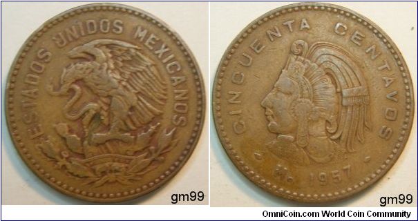 50 Centavos (Bronze), Obverse: Eagle standing left on cactus, snake in beak,
ESTADOS UNIDOS MEXICANOS
Reverse: Figure in Aztec headdress left,
CINCUENTA CENTAVOS Mo date 1955