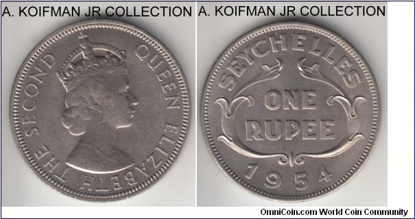 KM-13, 1954 Seychelles rupee; copper nickel reeded edge; Elizabeth II, first year of the type and relatively large mintage of 150,000, weaker struck uncirculated.