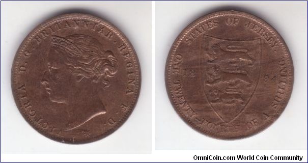 KM-7, 1894 Jersey 1/24'th of a shilling in nice red brown about uncirculated condition; toning is a bit streaky but still nice