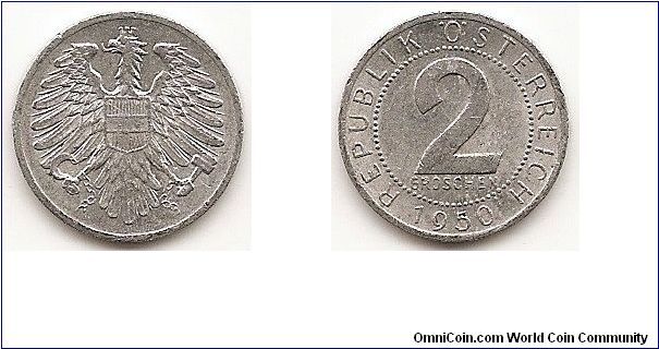 2 Groschen
KM#2876
0.9000 g., Aluminum, 18 mm. Obv: Imperial Eagle with Austrian
shield on breast, holding hammer and sickle Rev: Large value in
circle, date below circle Edge: Plain