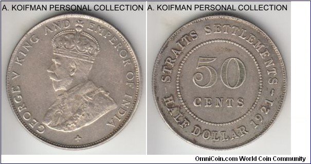 KM-35.1, Straits Settlements 50 cents; silver, reeded edge;  good VF to about extra fine condition, a bit dirty; I have better ones but could not resist to take another one for wear analysis :).