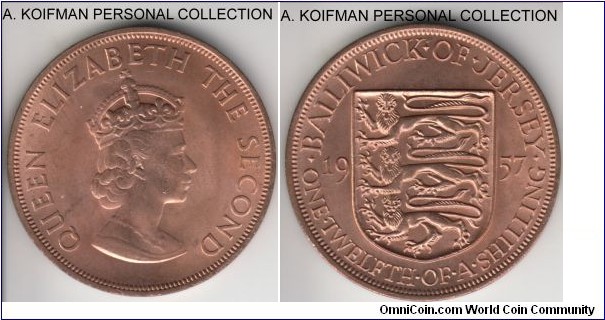 KM-21, 1957 Jersey 1/12'th of a shilling; bronze, plain edge; right red, average uncirculated.