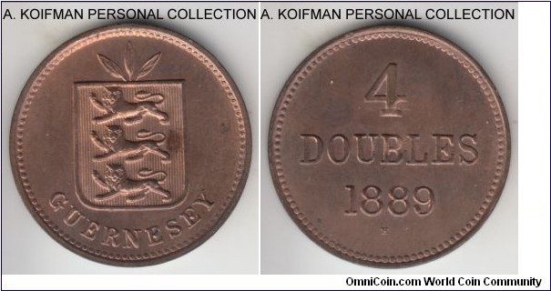 KM-5, 1889 Guernsey 4 doubles, Heaton mint (H mint mark); bronze, plain edge; rather common year, mintage of 104,000, blazing red but for a spot or two of the brown, interesting that the middle of the B is weakly struck and this features shows on multiple coins.