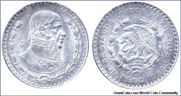 Mexico, 1 peso, 1964, Ag, Jose Morelos y Pavon.                                                                                                                                                                                                                                                                                                                                                                                                                                                                     