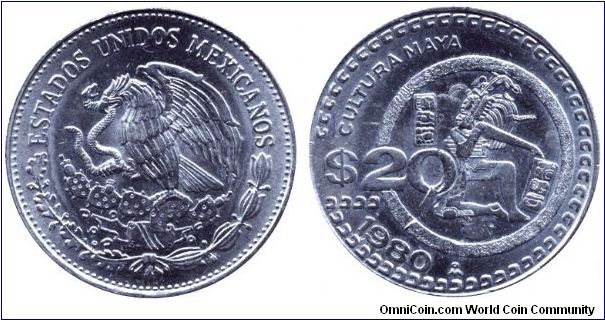 Mexico, 20 pesos, 1980, Cu-Ni, Cultura Maya.                                                                                                                                                                                                                                                                                                                                                                                                                                                                        