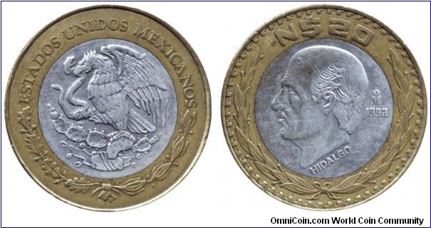 Mexico, 20 new pesos, 1993, Al-B-Ag, Bi-metallic, Hidalgo.                                                                                                                                                                                                                                                                                                                                                                                                                                                          