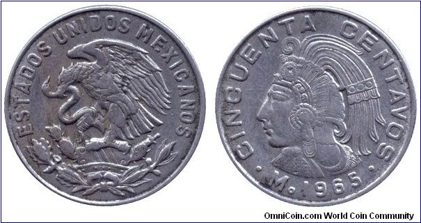Mexico, 50 centavos, 1965, Cu-Ni, Cuauhtemoc.                                                                                                                                                                                                                                                                                                                                                                                                                                                                       