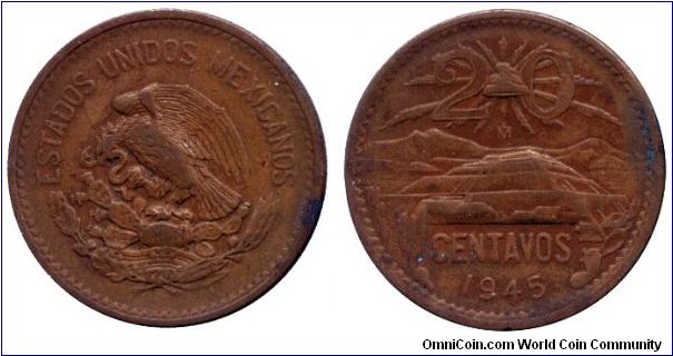 Mexico, 20 centavos, 1945, Bronze, old Coat of Arms, Pyramid.                                                                                                                                                                                                                                                                                                                                                                                                                                                       