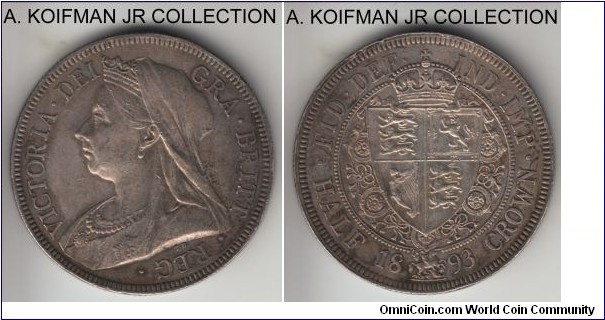 KM-782, 1893 Great Britain half crown; silver, reeded edge; Victoria, better grade despite some almost invisible knocking on edges, good very fine to extra fine, naturally toned.