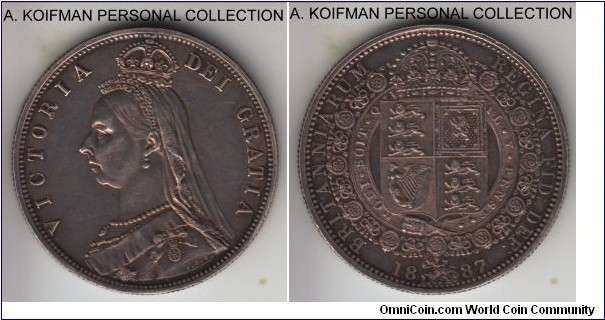 KM-764, 1887 Great Britain half crown; silver, reeded edge; first year if the Victoria Jubilee type, good very fine however the obverse had been cleaned and is retoning.