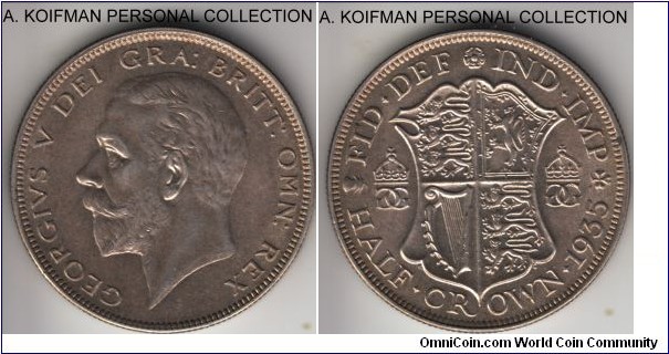 KM-835, 1935 Great Britain 1/2 crown; silver, reeded edge; almost uncirculated, nice luster.