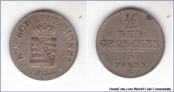 KM-1158, Saxony 1844 1/2 neu-groschen (5 pfennig) Dresden mint (G)