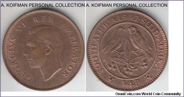 KM-23, 1942 South Africa (Dominion) farthing (1/4 penny); bronze, plain edge; brown uncirculated or about.