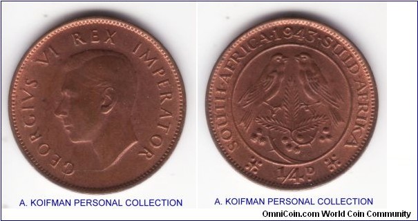 KM-23, 1943 South Africa (Dominion) farthing; bronze, plain edge; mostly brown obverse with mostly red reverse and close 9 and 4 in the date variety.