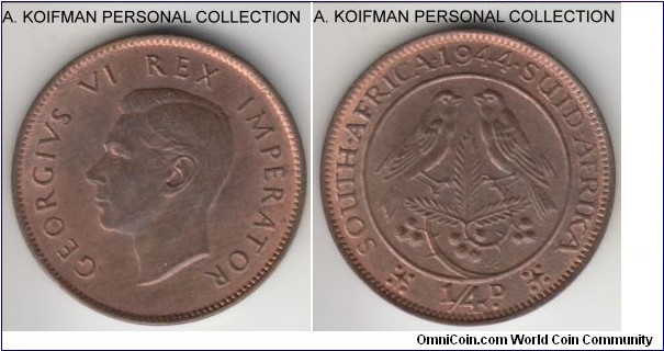 KM-23, 1944 South Africa (Dominion) farthing; bronze, plain edge; red brown uncirculated.