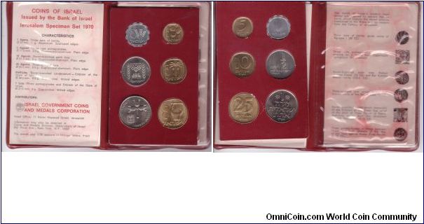 MS-13, Israel 1970 6 coin Jerusalem specimen set; good coins, I took them out to stop deterioration from PVC residue