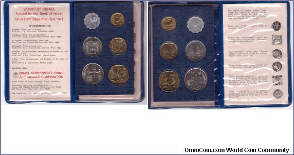MS-14, Israel 1971 6 coin set in blue wallet, Jerusalem specimen set
