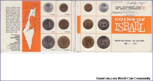 MS-9, Israel 1966 proof like 6 coin set; some ball point pen writing on the card but otherwise pleasant coins;