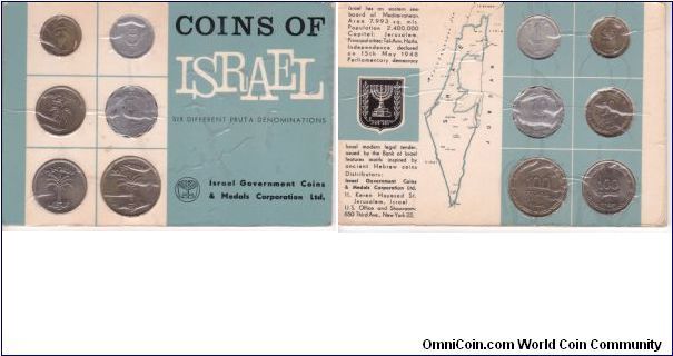 Unlisted in Krause 6 circulated coin set in grey plastic over card; this is a so called @large@ set including 1949 KM-1 w/o pearl, 1952 KM-17, 1949 KM-12 w/o pearl, 1949 KM-13.1 w/o pearl, 1955 KM-14 and 1954 KM-18; coins are ranging from the scratched fine to uncirculated;