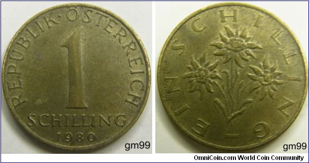 1 Schilling (Aluminum-Bronze) : 1959-2001
Obverse: Legend,
REPUBLIK OSTERREICH 1 SCHILLING date
Reverse: Edelweiss,
EIN SCHILLING