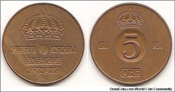 5 Ore
KM#822
8.0000 g., Bronze, 27 mm. Ruler: Gustaf VI Obv: Crown above
inscription Rev: Value within circle divides date below crown Edge:
Plain