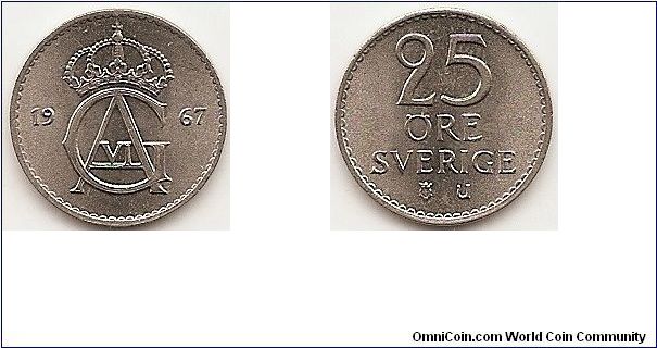 25 Ore
KM#836
2.2900 g., Copper-Nickel, 16.94 mm. Ruler: Gustaf VI Obv:
Crowned monogram divides date Rev: Value Edge: Plain